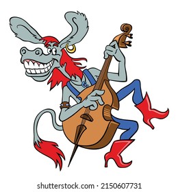 Funny character donkey plays double bass. Multicolored drawing of a cartoon donkey musician. Vector image of a musical donkey, isolated on white.