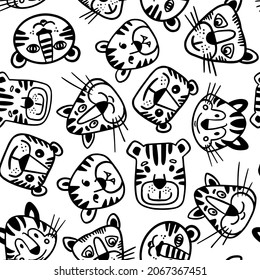 Funny character doodle tiger. Seamless pattern in black and white. New year symbol of 2022