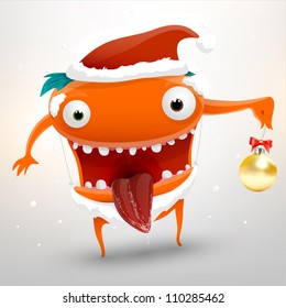 Als Weihnachtsmann gekleidete, sonnige Figur mit einem Neujahrsball in der Hand für Urlaubsdesign, Vektorgrafik