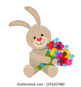 Funny character Easter bunny holding in his paws a bouquet of flowers from tulips. The concept of Valentine, Wedding, March 8, Mother's Day. flat vector illustration isolate on white background