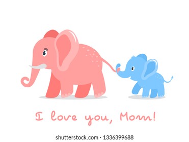 Funny character elephant son holds the tail of his mom. concept of love for parents and mother's day. flat vector illustration isolated on white background
