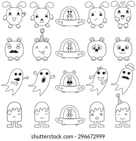 Funny character faces avatars.Doodle style vector icons set.