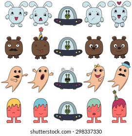 Funny character faces avatars.Doodle style vector icons set.