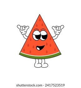 Funny character, in the form of a slice of watermelon, with a cartoon smiling face in groove style