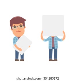Funny Character Freelancer holds and interacts with blank forms or objects. for use in presentations, etc.