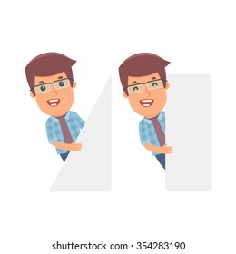 Funny Character Freelancer holds and interacts with blank forms or objects. for use in presentations, etc.
