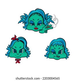 Funny character frog or ufo only faces with different emotions. funny icons or character for banners and advertising. Wide range of uses.