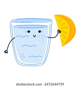 Funny character glass of water holding a slice of lemon. Drink more water. Stay hydrated