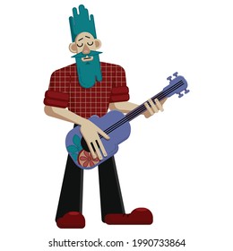 Funny character -green hair man in red shirt plays guitar - flat style vector illustration