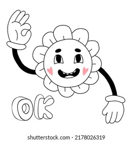 Funny character. Groovy element funky flower power with gloved hands gesture ok. Vector illustration trendy retro style. Linear hand drawn doodle. Comic element for design and decor