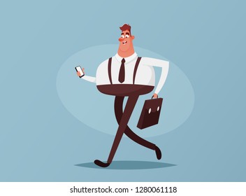 Funny Character. Happy Office Worker Walking with Case and Phone. Cartoon Style. Vector Illustration