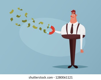 Funny Character. Happy Office Worker Megnetizing Money. Cartoon Style. Vector Illustration