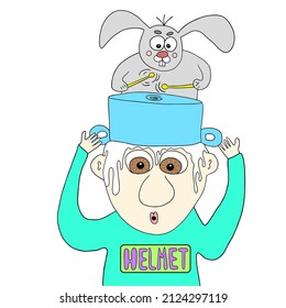 Funny character with a helmet (saucepan) on his head, a rabbit drumming on his head, cartoon style vector illustration isolated on white background.