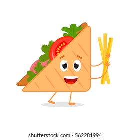 
Funny character is holding a triangular sandwich fries. flat vector illustration isolate on a white background.