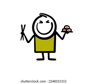 A funny character holds a national Japanese sushi dish and chopsticks in his hand. Vector illustration of a Chinese man eating food.