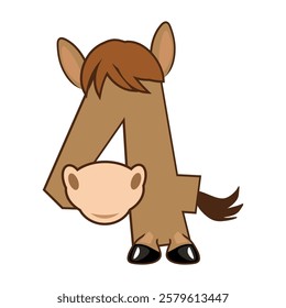 Funny Character Horse Number 4, figure Four. Cartoon of number with a animal concept. Calligraphy, lettering, typography for your Education cards or game