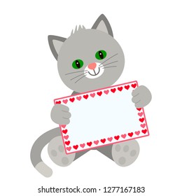 Funny character kitten holds in his paws a card with a place for your text. The concept of Valentine's Day, wedding, Valentine's Day. flat vector illustration isolate on white background - vector