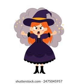 Funny character of a magical witch. Witch in flat style on a white background. Halloween. Cartoon kids Halloween character.