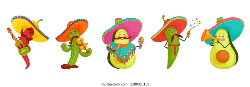 Funny character for Mexican national holiday Cinco de Mayo.Chili pepper,avocado,cactus playing guitar,maracas,violin.Cartoon vector graphic.