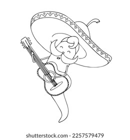 Carácter gracioso de la fiesta nacional mexicana Cinco de Mayo. El chile pepper toca la guitarra. Esbozo lineal vectorial, libro de coloreo.