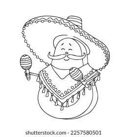 Funny character of Mexican national holiday Cinco de Mayo. Half an avocado in a sombrero and poncho plays maracas. Vector linear sketch, coloring book.