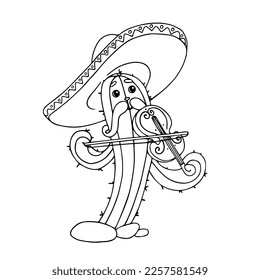 Funny character of Mexican national holiday Cinco de Mayo. Cactus in a sombrero plays the violin. Vector linear sketch, coloring book.