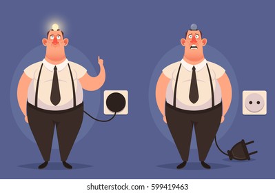 Funny Character. Office Worker: Cheerful and Tired. Light Bulb Inside His Head. Vector Illustration