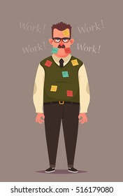 Funny Character. Office Worker with a Lot of Short Notes for Urgent Work. Vector Illustration