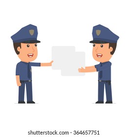 Funny Character Officer holds and interacts with blank forms or objects. for use in presentations, etc.