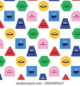 funny character pattern illustration for kids, cartoon face in simple shape, circle and square character, monsters seamless