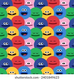 funny character pattern illustration for kids, cartoon face in simple shape, circle and square character, monsters seamless