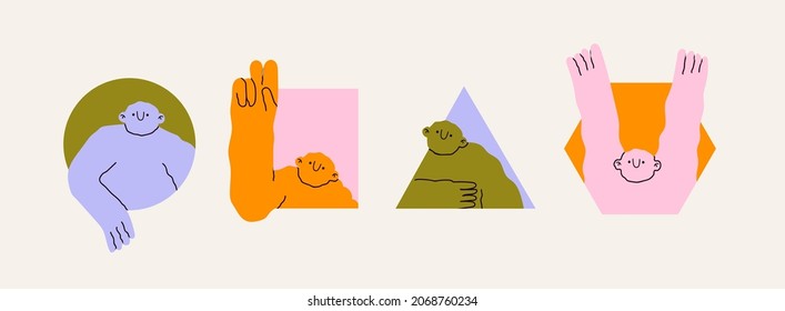 Funny character peeping from the geometric shapes. Cute creature with small head and long arms looking through holes. Cartoon style. Hand drawn trendy Vector illustration. All elements are isolated