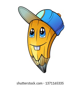 Funny character, a pencil in a cap. Vector illustration. Character in kawaii style