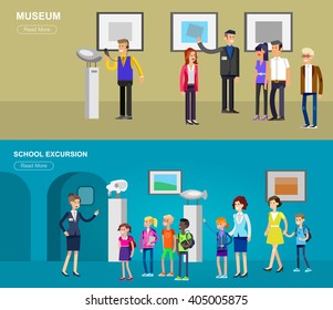 Funny Character People In Museum. Archeological Museum Of Antiquity And Natural Science Exposition For Children, Guided Tour, Exhibition Space, Audioguide, Flat Banners Set