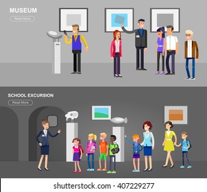 Funny character people in museum. Archeological museum of antiquity and natural science exposition for children, guided tour, exhibition space, audioguide, flat banner