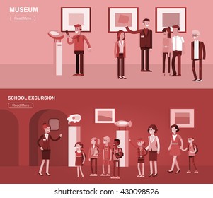 Funny character people in museum. Archeological museum of antiquity and natural science exposition for children, guided tour, exhibition space, audioguide, flat banner