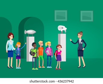 Funny character people in museum. Archeological museum of antiquity and natural science exposition for children, guided tour, exhibition space, flat banners set
