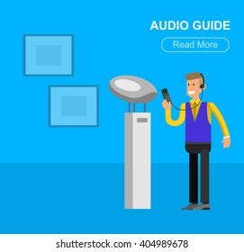 Funny character people in museum, guided tour, audioguide, flat banners set