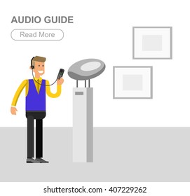 Funny character people in museum, guided tour, audioguide, flat banners Funny character people in museum, guided tour, audioguide, flat banners