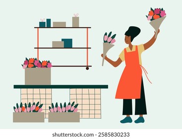  Funny character of person seller florist who holds bouquets of flowers in her hands against the background of Flower shop.  concept  flower business and delivery. Flat vector cartoon illustration