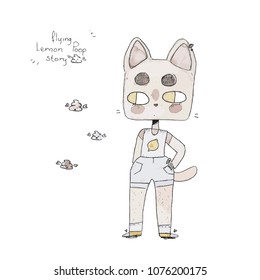 funny character - pink cat - flying lemon poop story - vector illustration