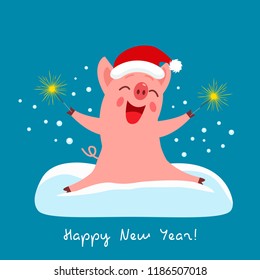 A funny character is a pink cheerful pig - a symbol of the new 2019. Vector illustration. concept of Christmas holidays