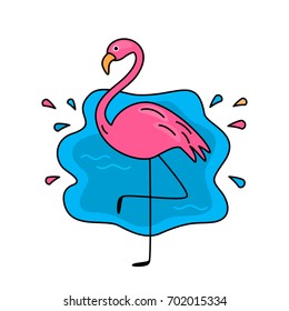 A funny character of a pink flamingo stands in the ocean. Flat vector illustration in modern style. Isolated on white background