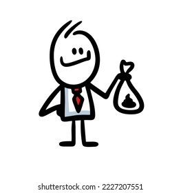 Funny character with a plastic package and dog shit inside. Vector illustration of doodle office employee on walk with pet.