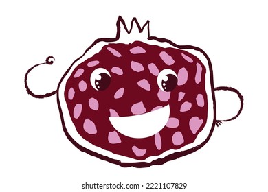 Funny character pomegranate. Big eyes, modern doodle style. Cartoon illustration. The power and coolness of vitamins. Vegetarianism, veganism. Juicy, sweet, healthy fruit