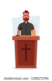 Funny Character. Preacher Giving Speech from the Tribune. Cartoon Style. Vector Illustration