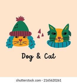 Funny Character Print Dog And Cat Face. Pets Animal Design Illustration. Doodle Hand Drawn Naive Vector Minimalism Clipart Art