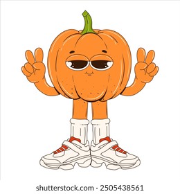 Funny character, a pumpkin with eyes, arms, and legs in a groovy style. Illustration for Thanksgiving, Halloween. A cool vector pumpkin in sneakers. Cartoon-style character