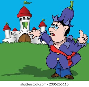 Funny Character in Purple Clothes with a Hat in the Shape of a Bellflower - Colored Cartoon Illustration with Background, Vector