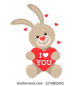 Funny character Rabbit holds in his paws a big heart with the words "I love you." The concept of Valentine's Day, wedding, Easter. flat vector illustration isolate on white background